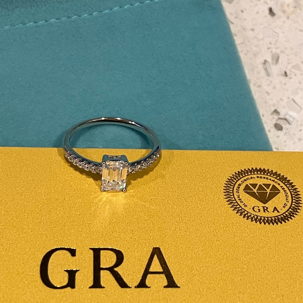 GRA Silver Ring with Clear Moissanite Stone, Size 8 Engagement Ring Emerald Cut